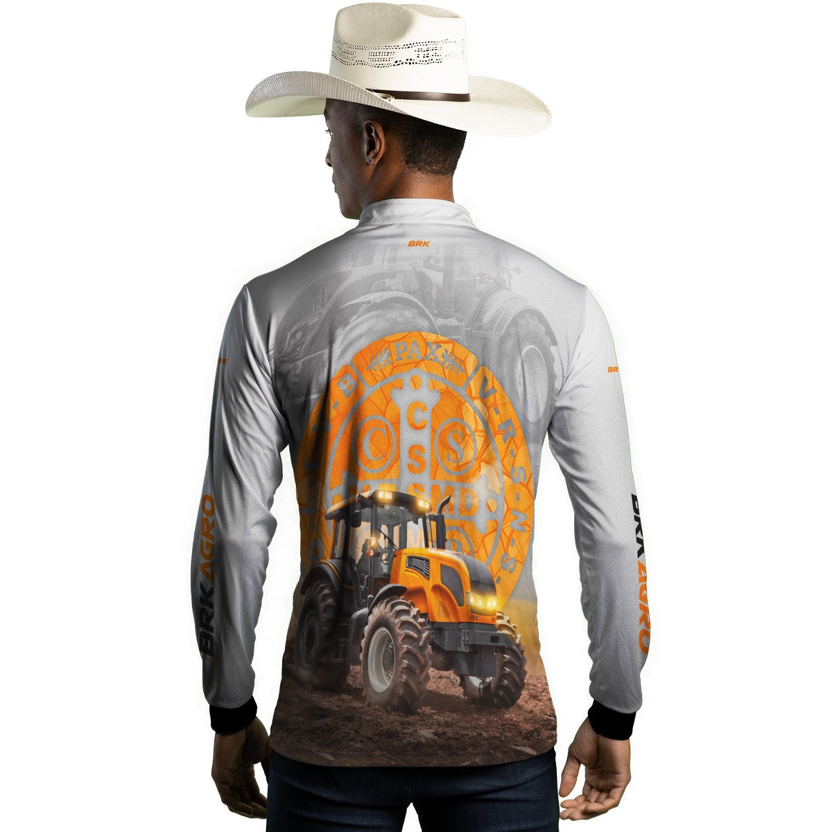 Camisa Agro Brk Trator São Bento Laranja e Branco com Proteção Solar UV50+