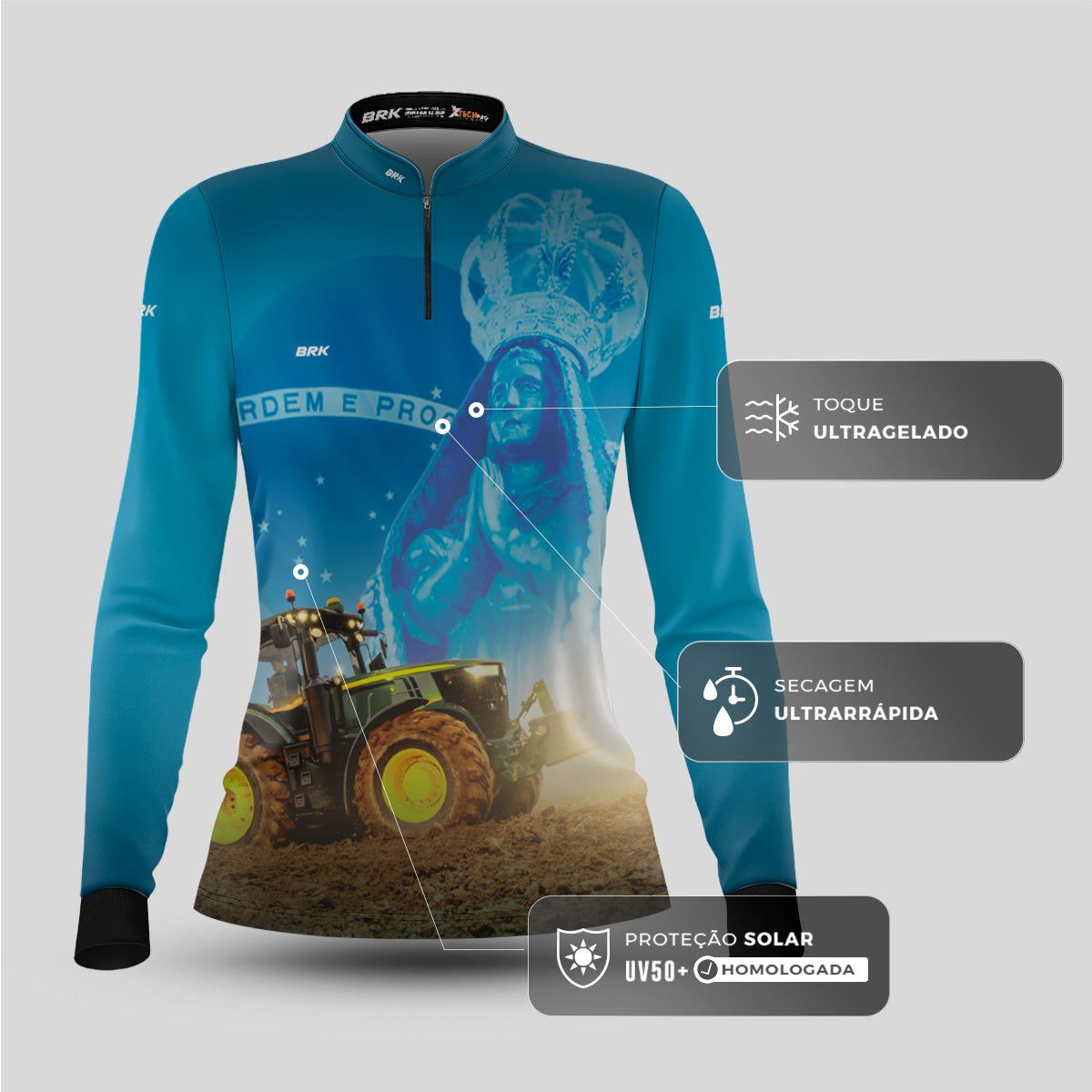 Camisa Agro Feminina Brk Padroeira Nossa Senhora com Proteção Solar UV50+