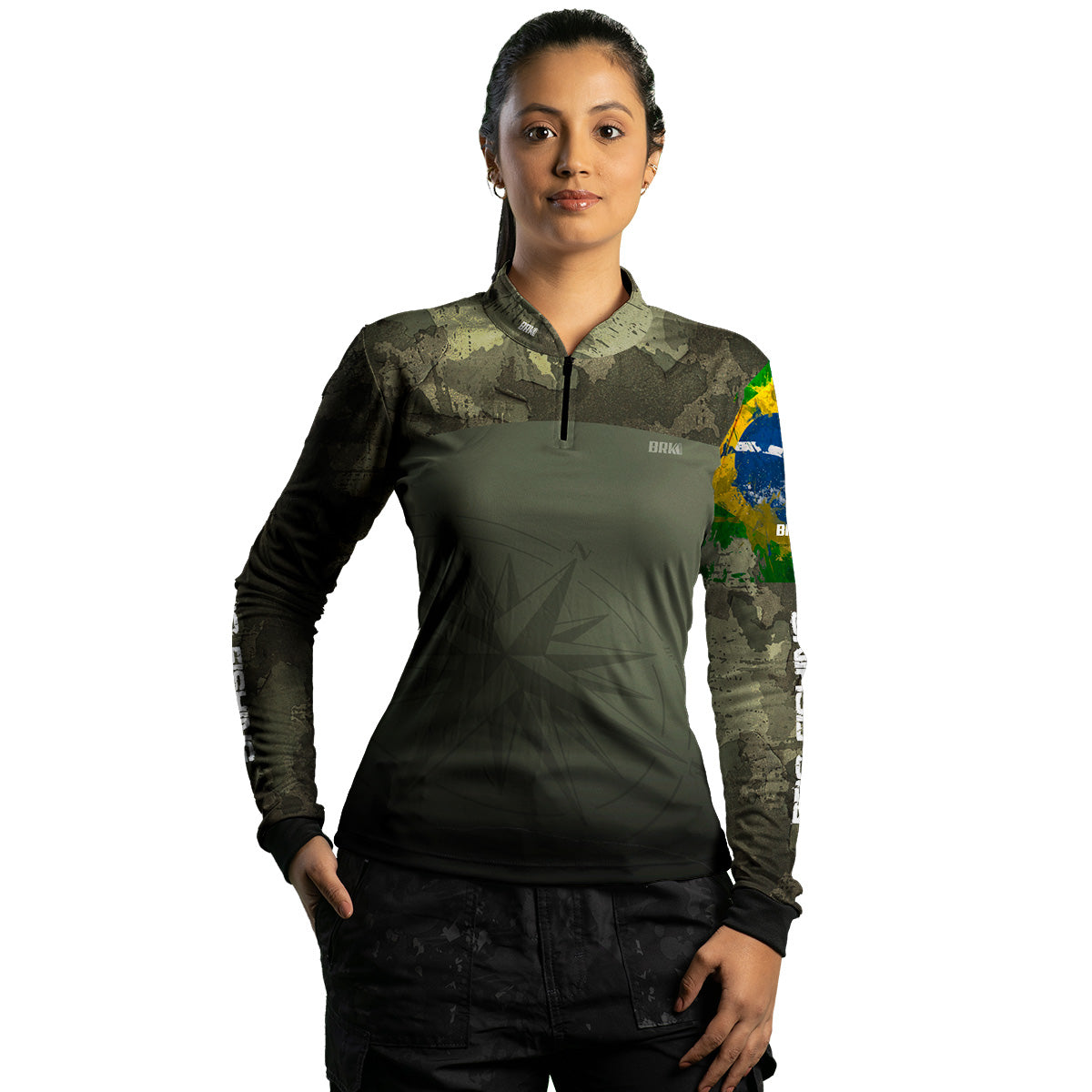 Camisa Feminina Agro Brk Bussola Brasil Camuflada com Proteção Solar UV50+