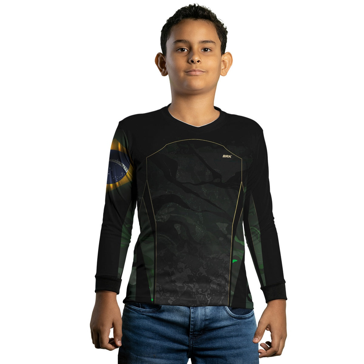 Camisa Agro Infantil Brk Infantil Camuflada Bandeira do Brasil com Proteção Solar UV50+