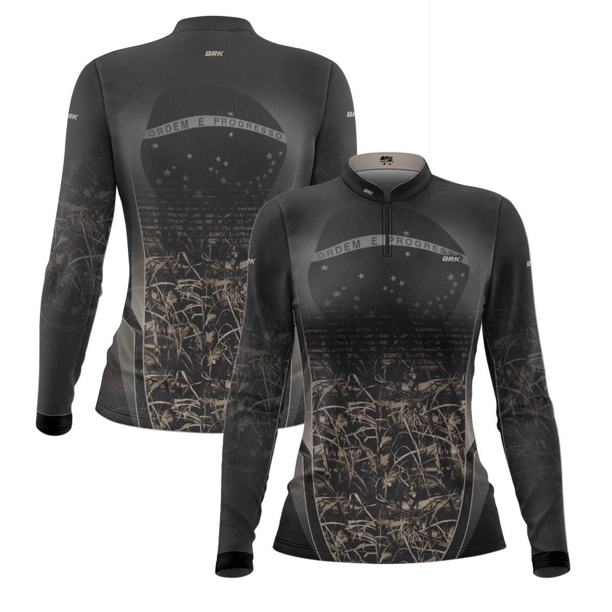 Camisa Agro Feminina Brk Camuflada Cinza com Bandeira do Brasil com Proteção Solar UV50+