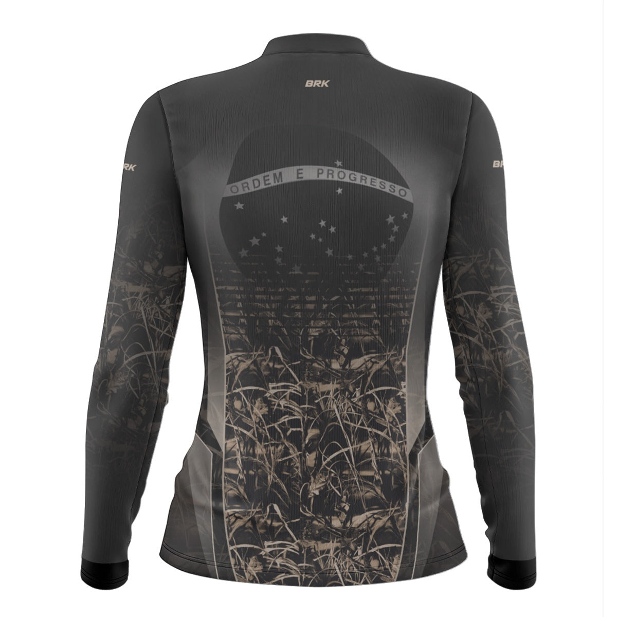Camisa Agro Feminina Brk Camuflada Cinza com Bandeira do Brasil com Proteção Solar UV50+
