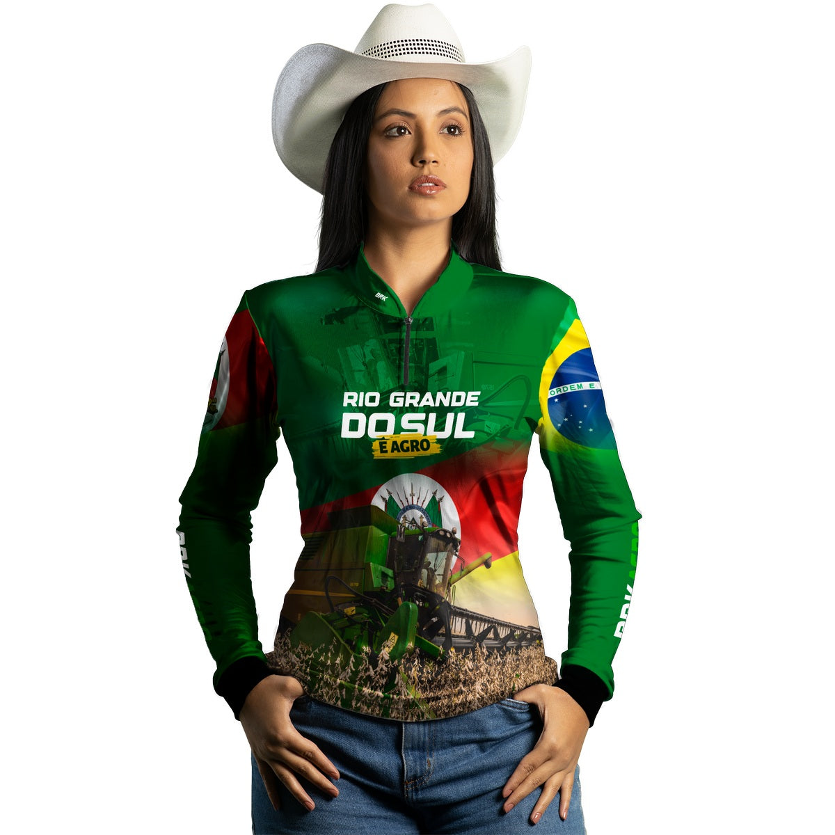Camisa Agro Feminina Brk Colheitadeira e Rio Grande do Sul é Agr UV50+