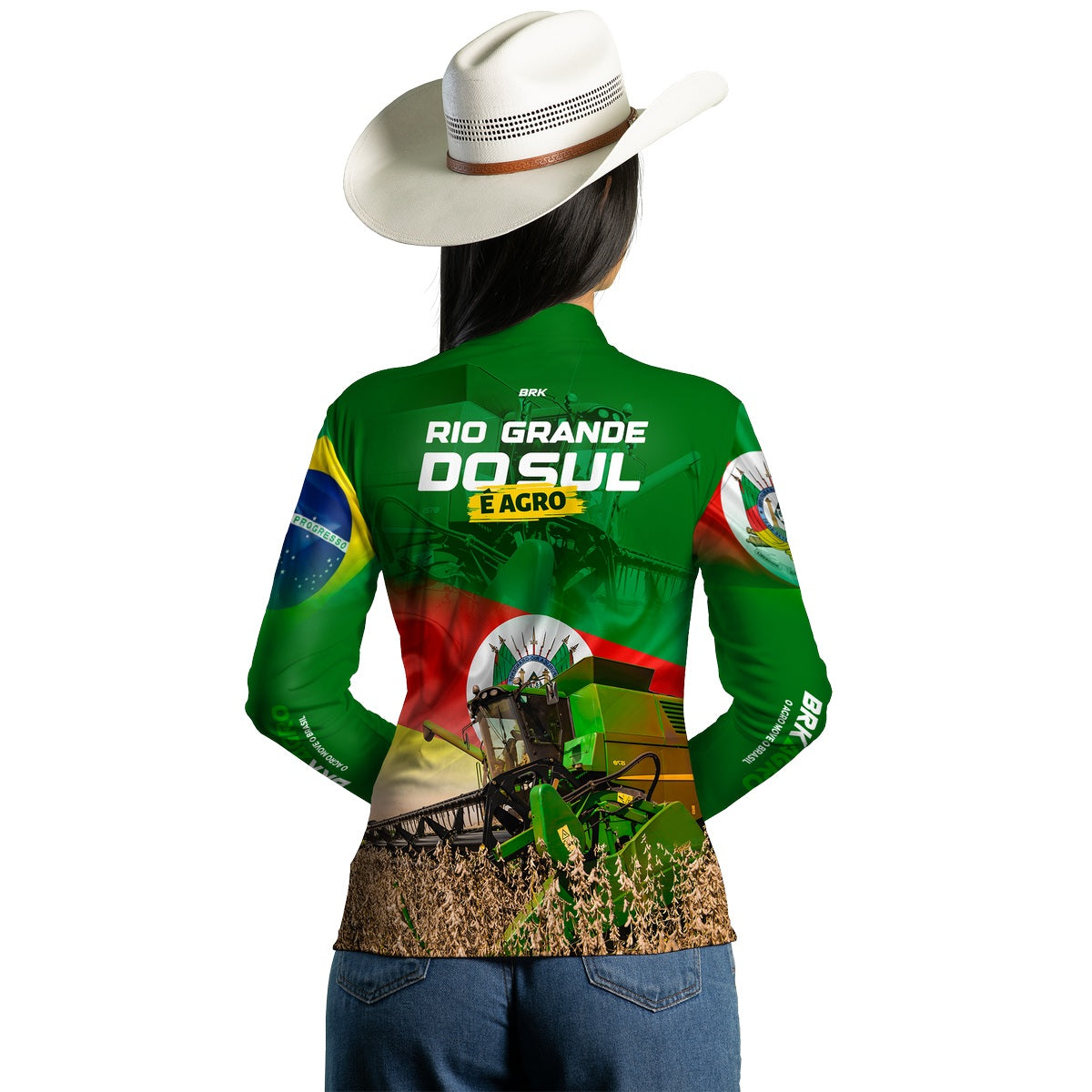 Camisa Agro Feminina Brk Colheitadeira e Rio Grande do Sul é Agr UV50+