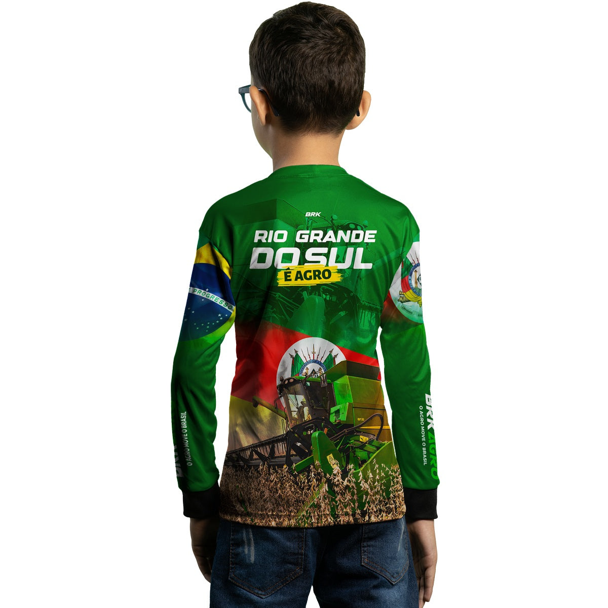 Camisa Infantil Agro Brk Colheitadeira e Rio Grande do Sul é Agro com Proteção Solar UV50+