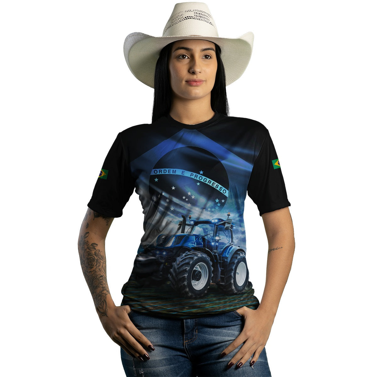 Camiseta Agro Feminina Brk O Agro Não Para Azul com Proteção Solar UV50+