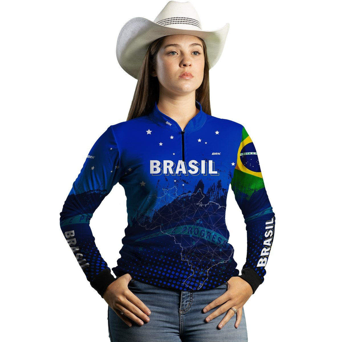 Camisa Feminina Agro Brk Brasil Azul com Proteção Solar UV50+