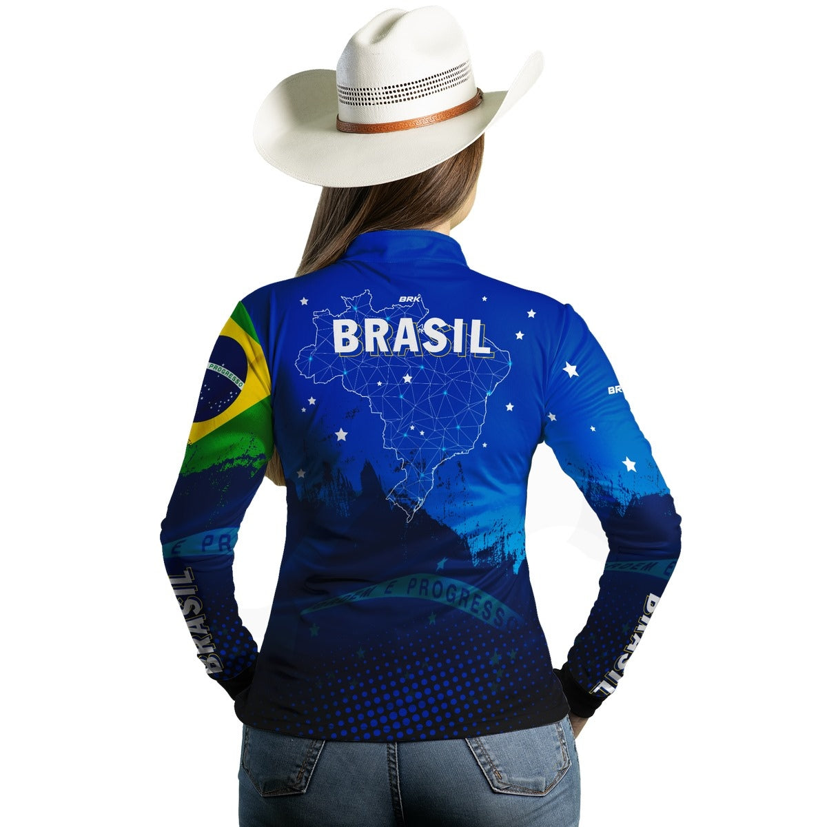 Camisa Feminina Agro Brk Brasil Azul com Proteção Solar UV50+