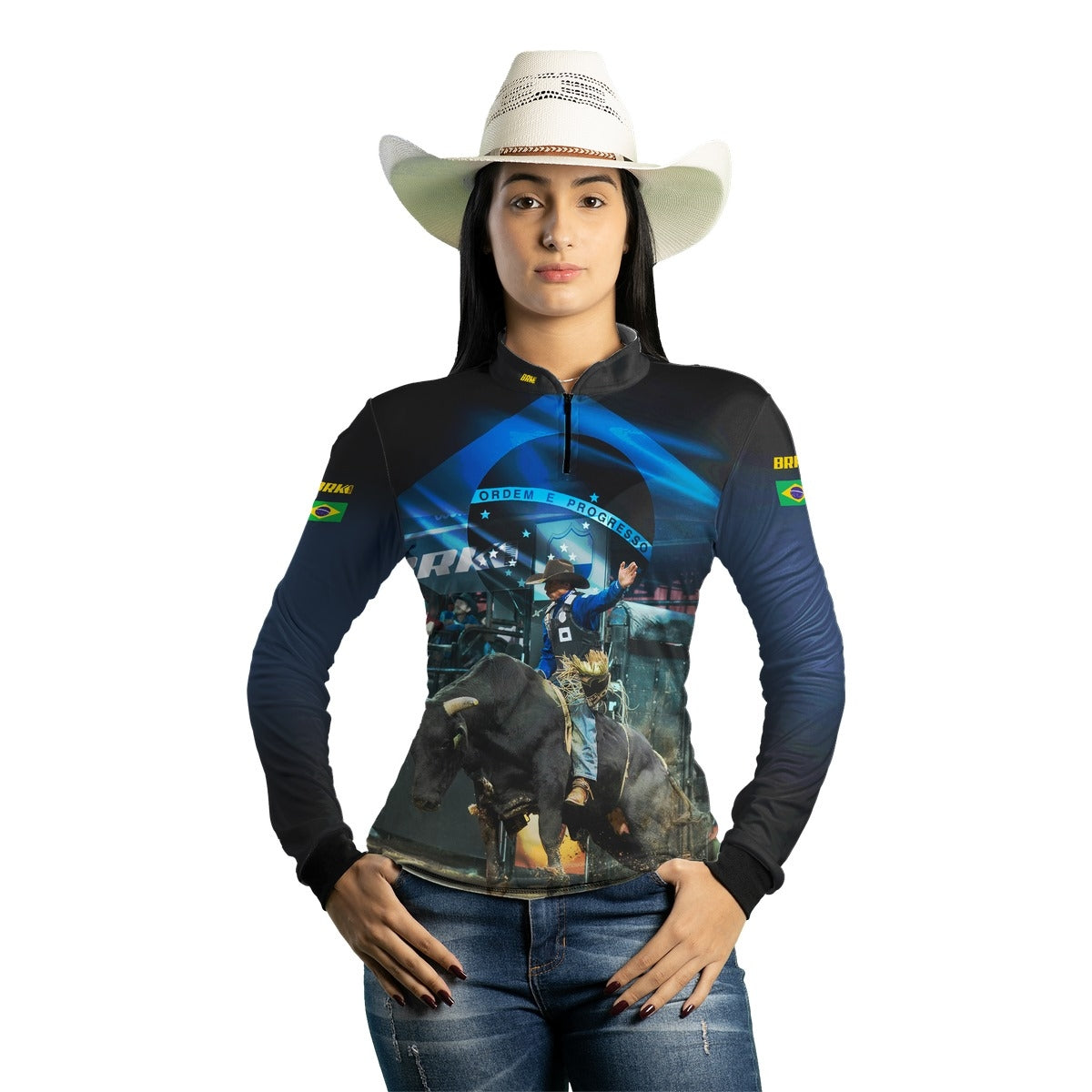 Camisa Agro Feminina Brk Rodeio Brasil Azul com Proteção Solar UV50+