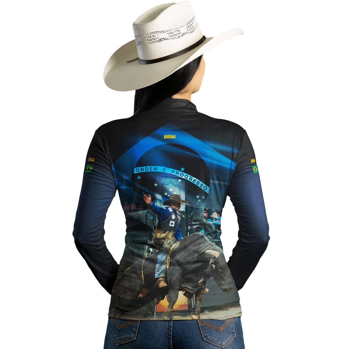 Camisa Agro Feminina Brk Rodeio Brasil Azul com Proteção Solar UV50+