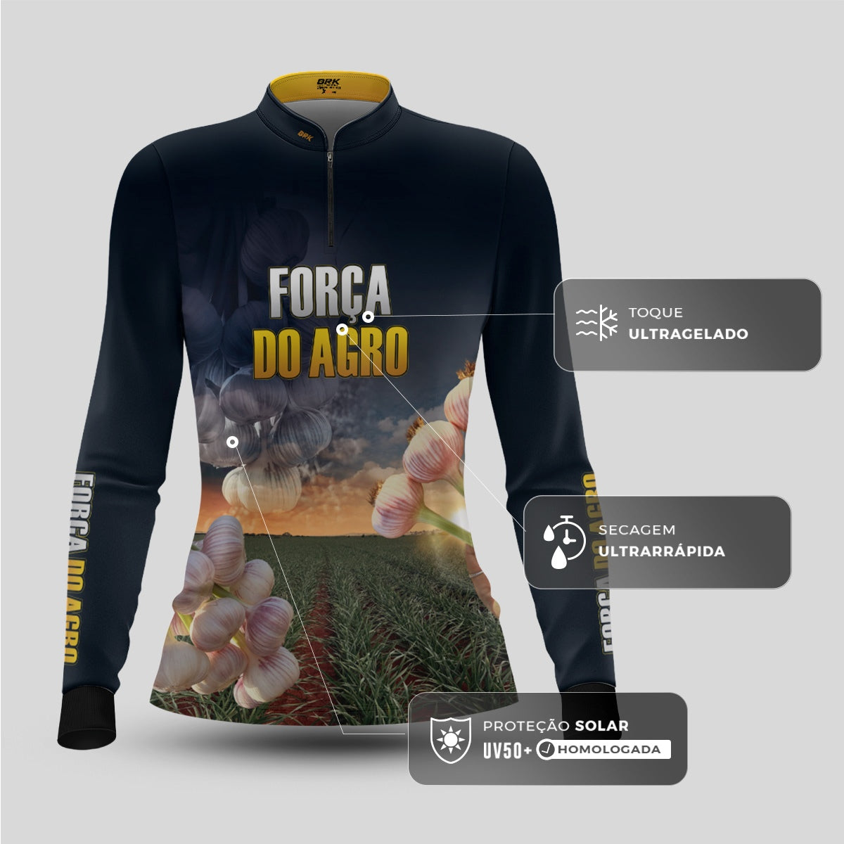 Camisa Agro Feminina Brk Produtor de Alho com Proteção Solar UV50+