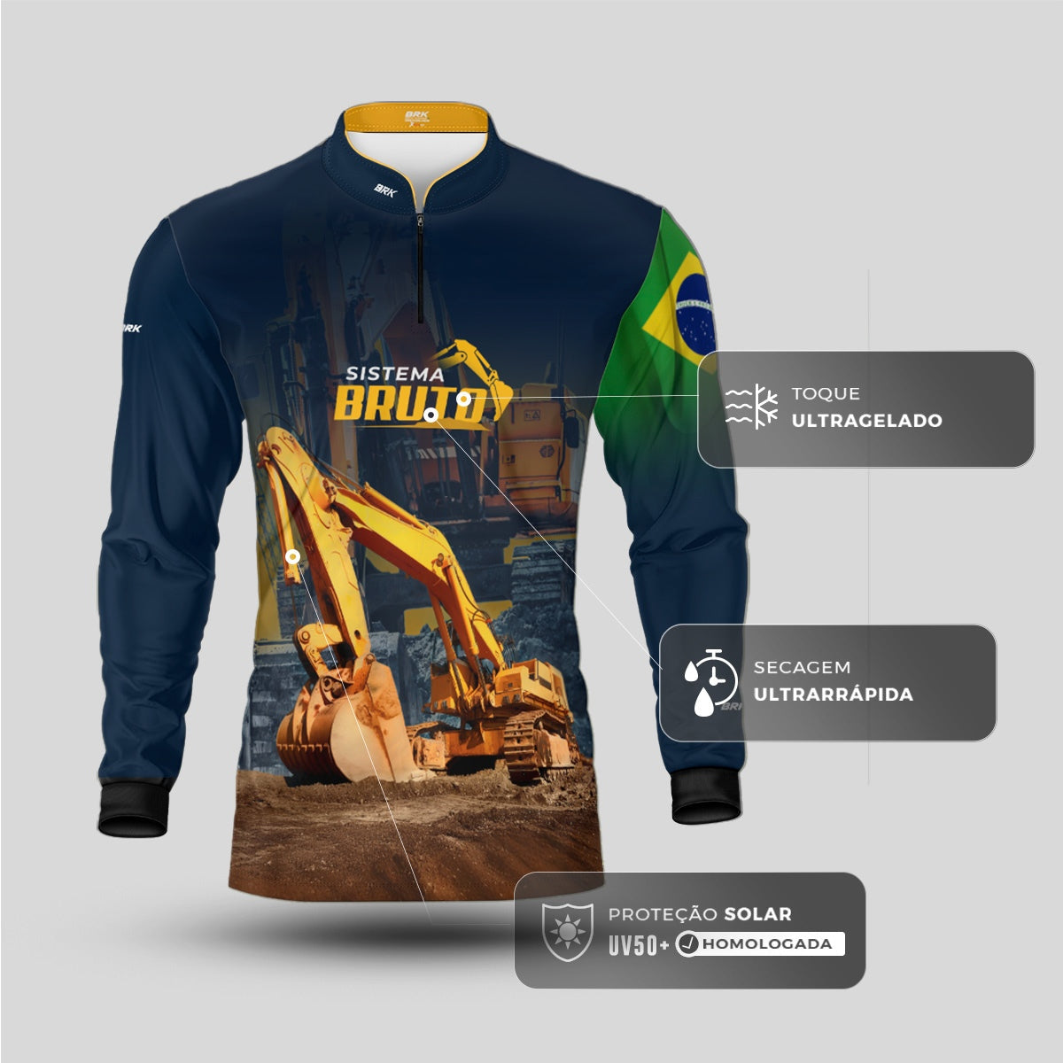Camisa Máquina Pesada Brk Sistema Bruto Escavadeira com UV50+