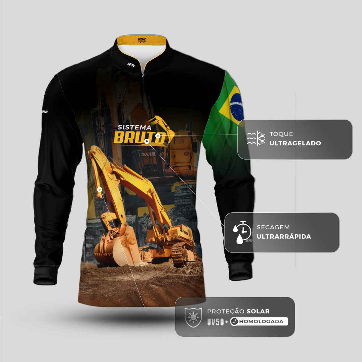 Camisa Máquina Pesada Brk Sistema Bruto Escavadeira com UV50+