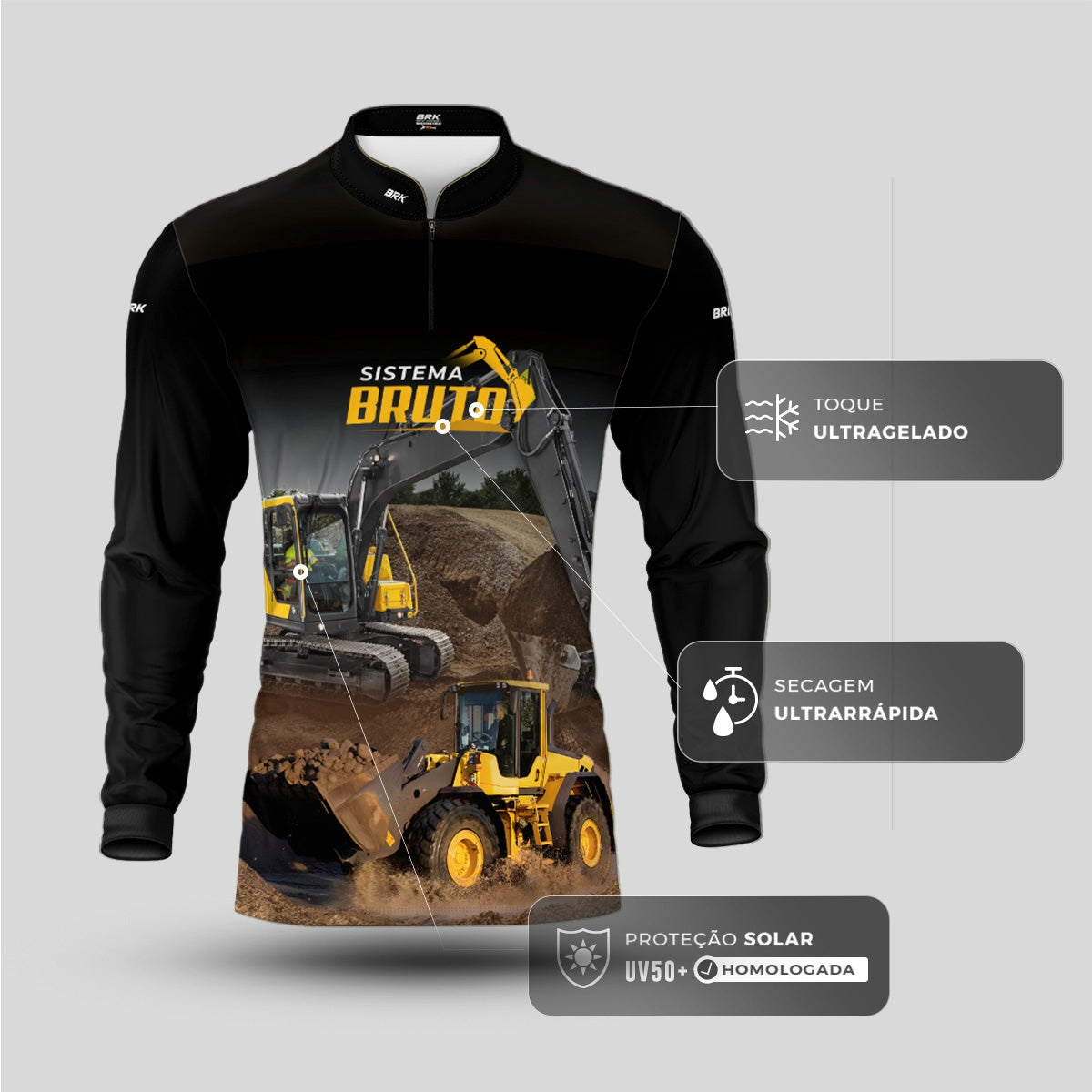 Camisa Máquina Pesada Brk Sistema Bruto Escavadeira com UV50+