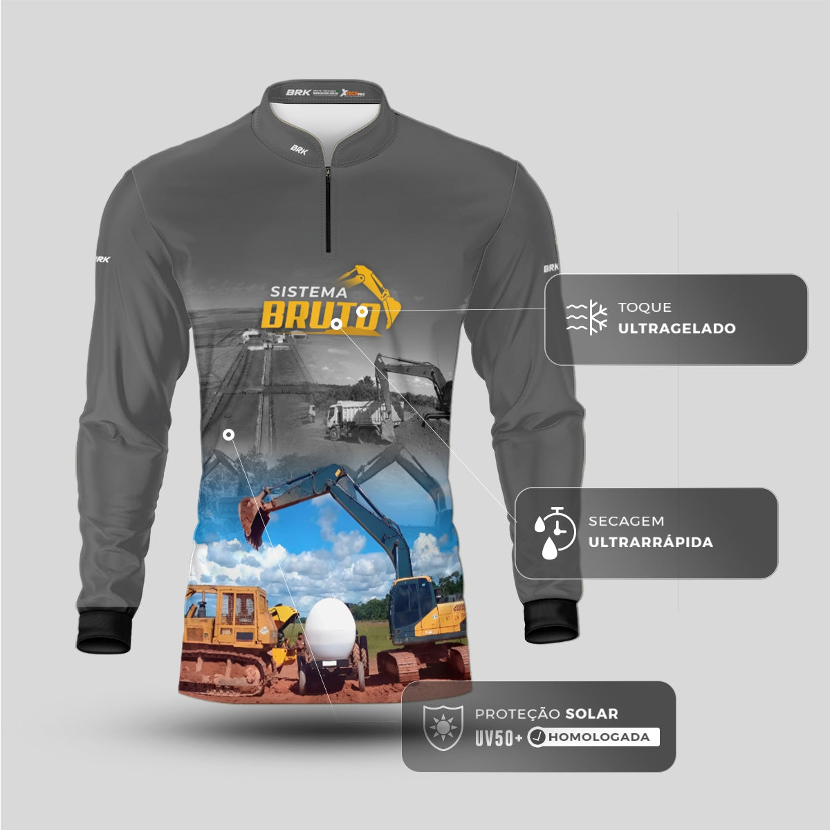 Camisa Máquina Pesada Brk Sistema Bruto Escavadeira com UV50+