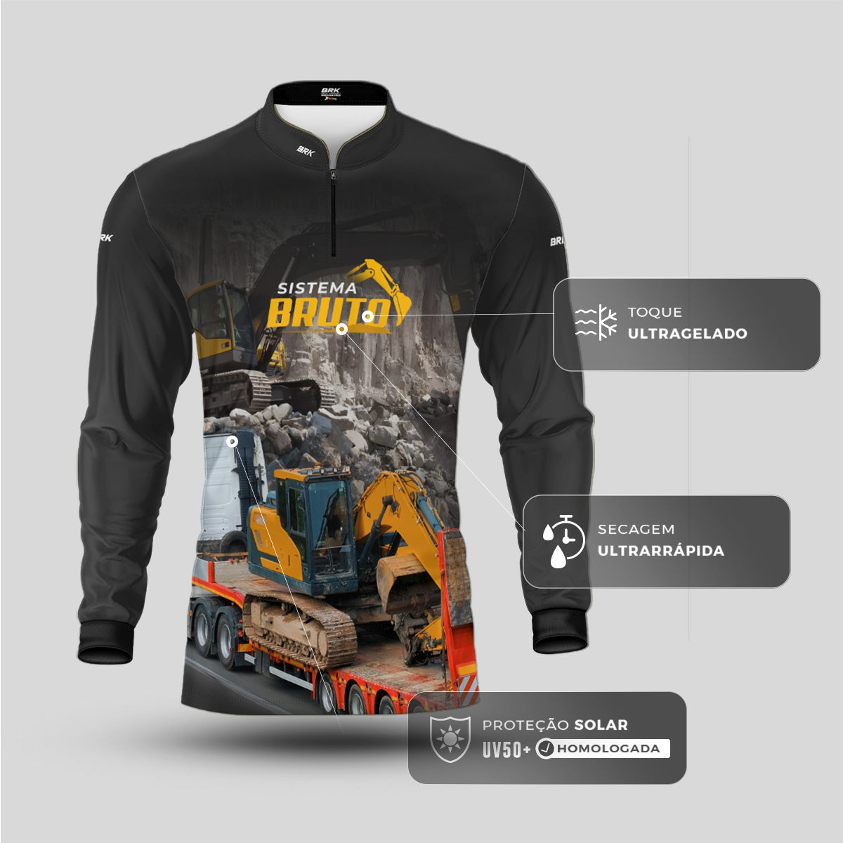 Camisa Máquina Pesada Brk Sistema Bruto Escavadeira com UV50+