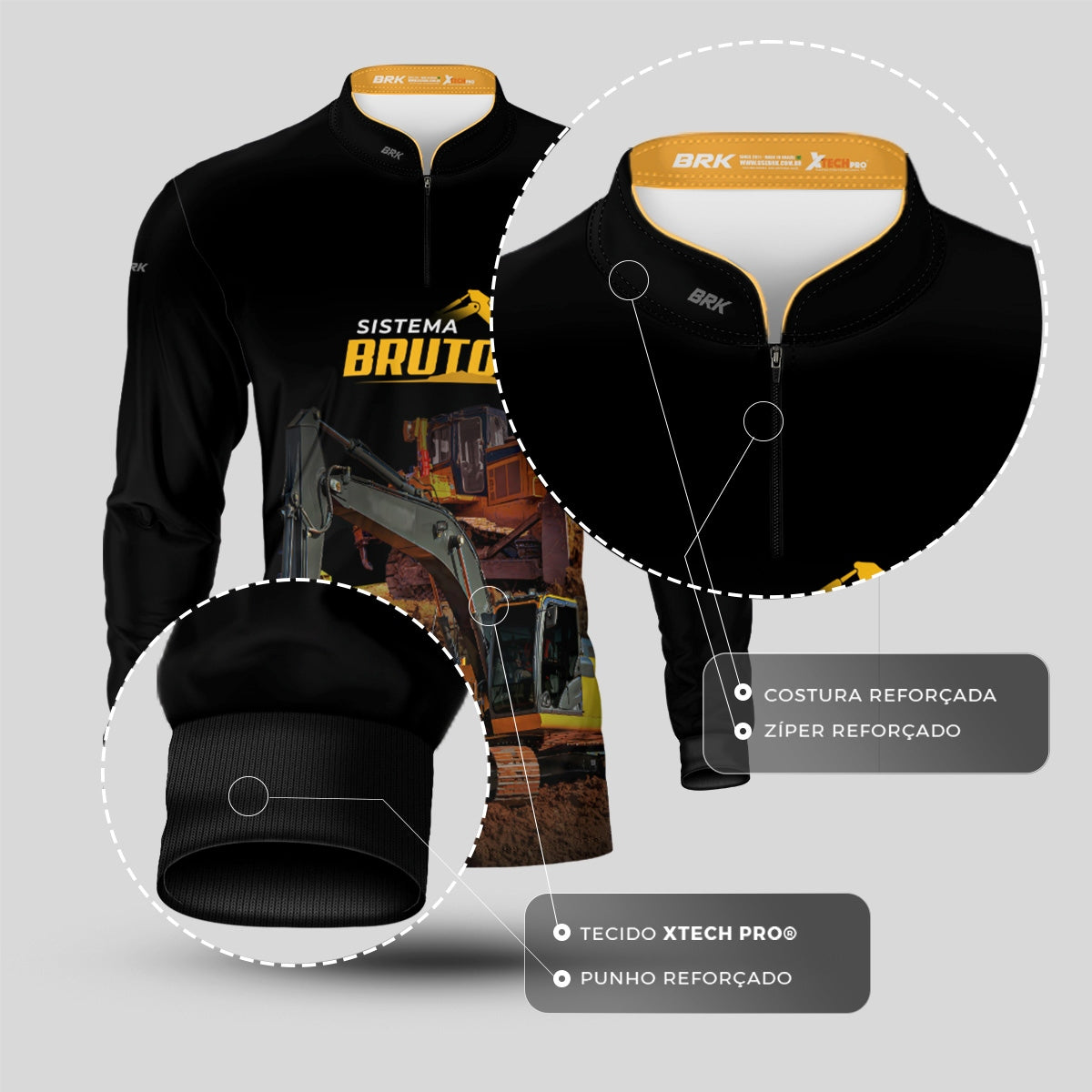 Camisa Máquina Pesada Brk Preta Sistema Bruto Escavadeira com UV50+