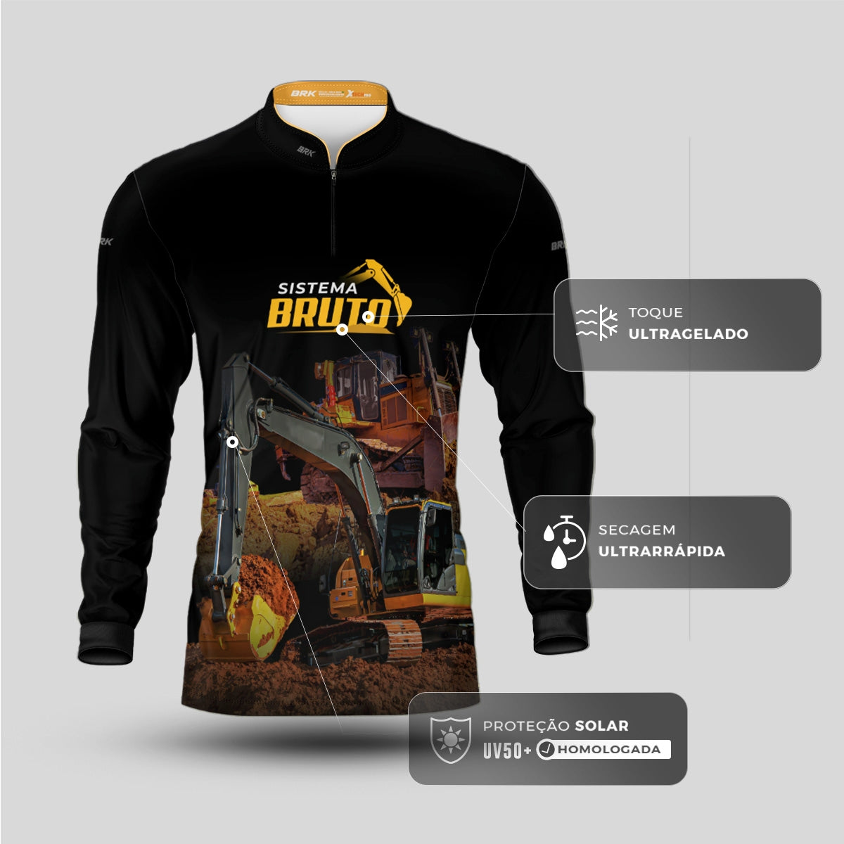Camisa Máquina Pesada Brk Preta Sistema Bruto Escavadeira com UV50+