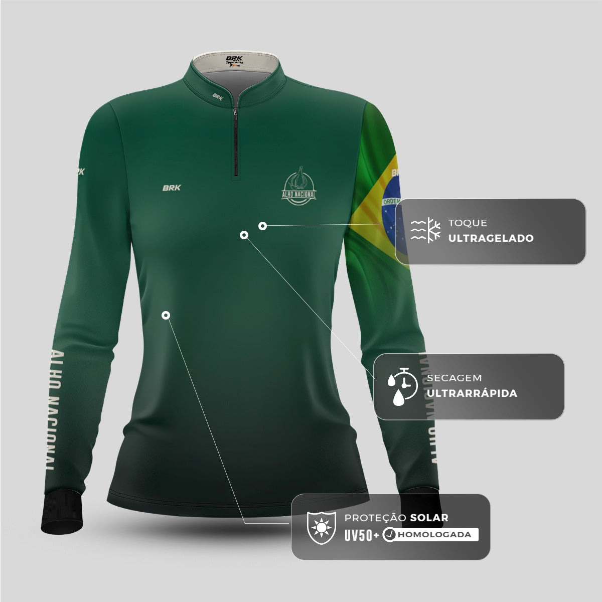 Camisa Agro Feminina Brk Alho Nacional Brasil com Proteção Solar UV50+