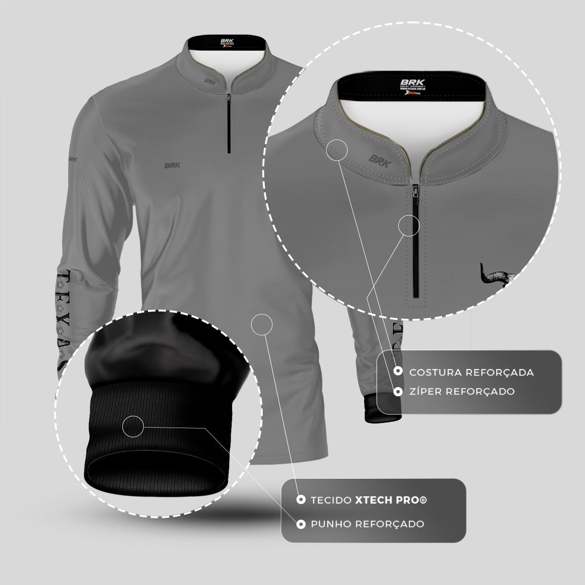 Camisa Agro Brk Clean Cinza Texas Long Horn com Proteção UV50+