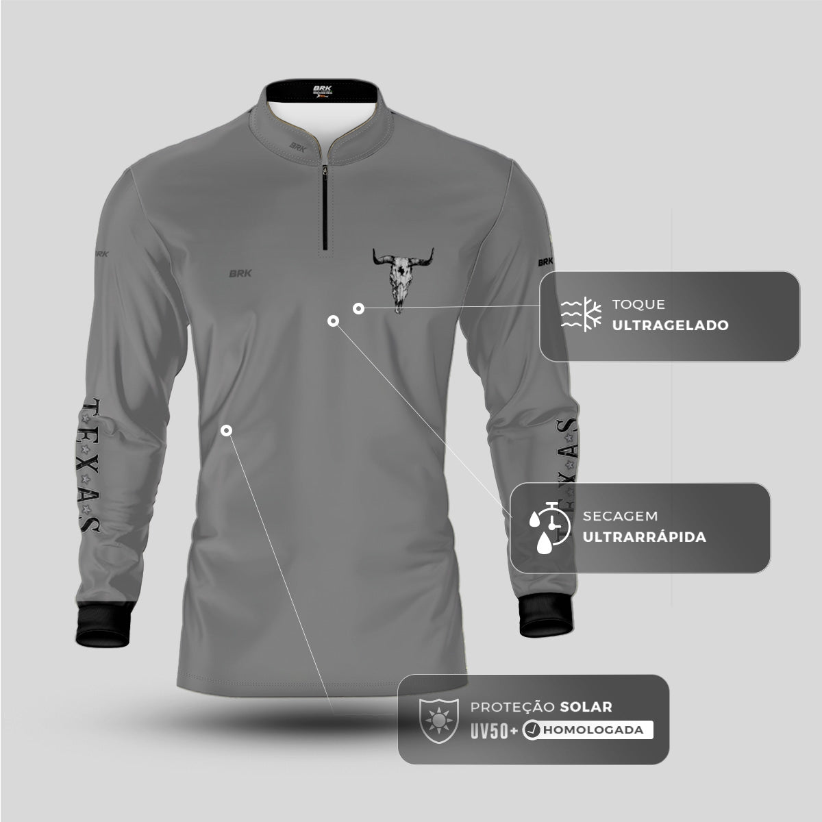 Camisa Agro Brk Clean Cinza Texas Long Horn com Proteção UV50+