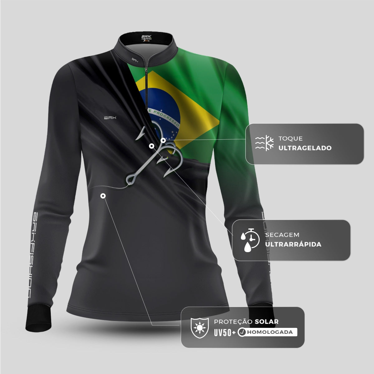 Camisa Feminina Brk Cinza Bandeira do Brasil Garateia com Proteção UV50+