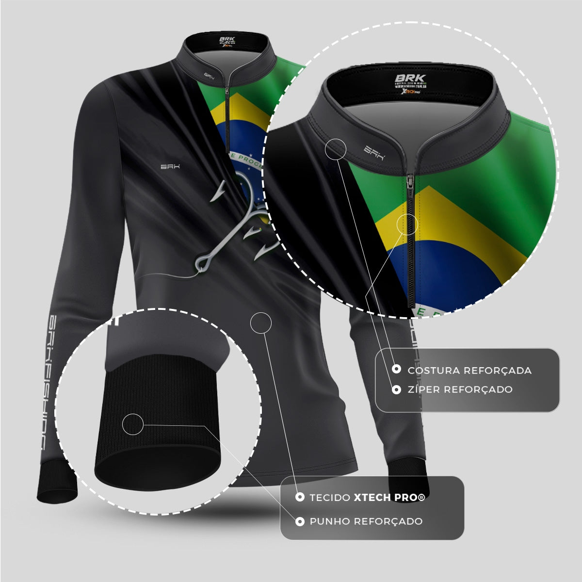 Camisa Feminina Brk Cinza Bandeira do Brasil Garateia com Proteção UV50+
