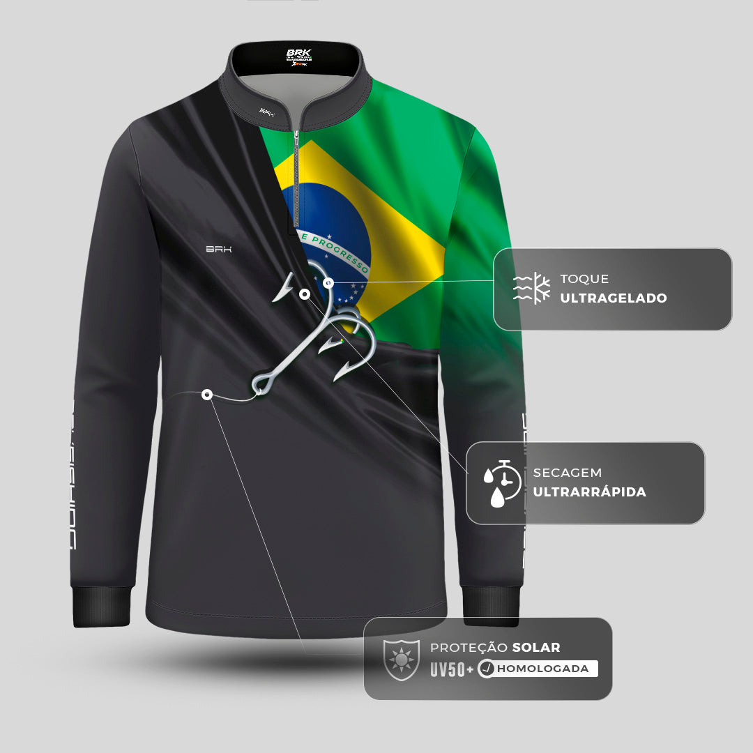Camisa Infantil Brk Cinza Bandeira do Brasil Garateia com Proteção UV50+