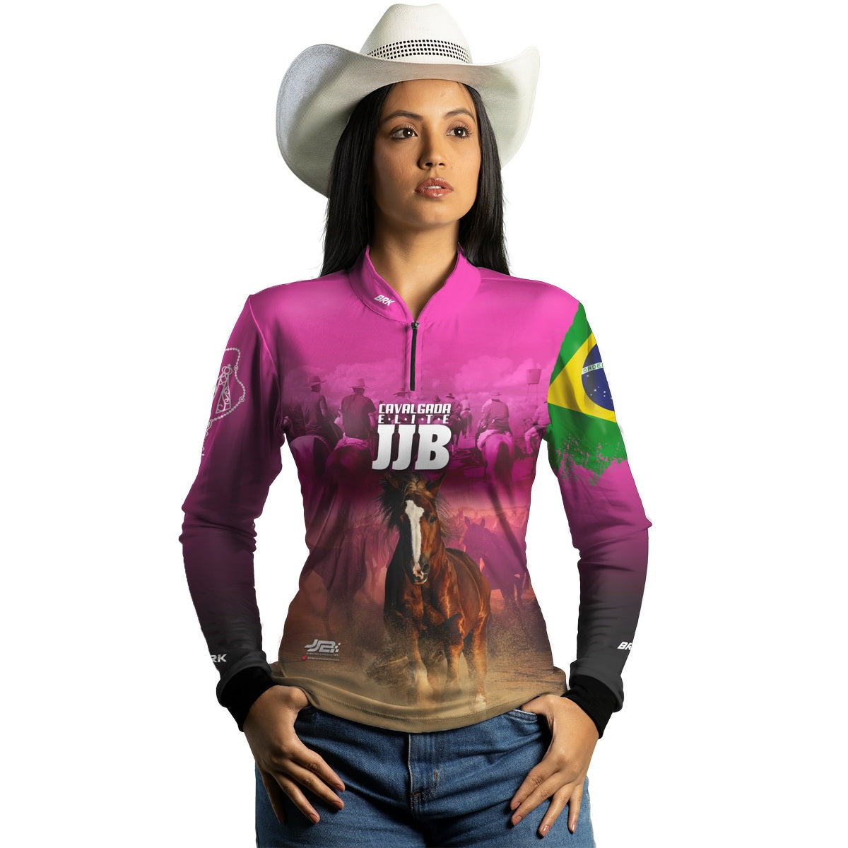 Camisa Agro Feminina Brk Cavalgada Elite JJB Rosa com Proteção UV50+
