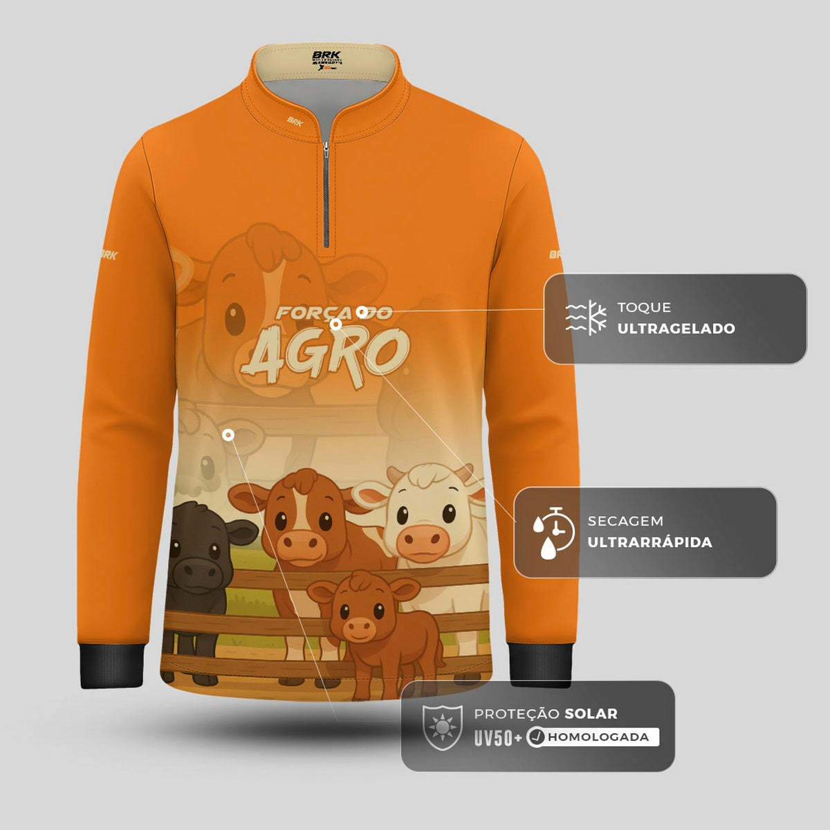 Camisa Agro Kids Brk Laranja Animais do Campo com Proteção UV50 + Brinde