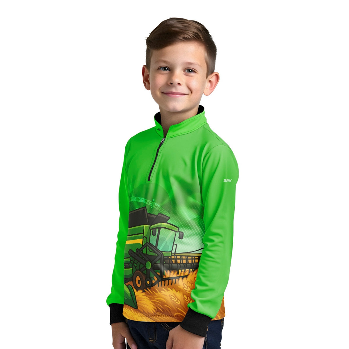 Camisa Agro Kids Brk Verde Colheitadeira com Proteção UV50 + Brinde