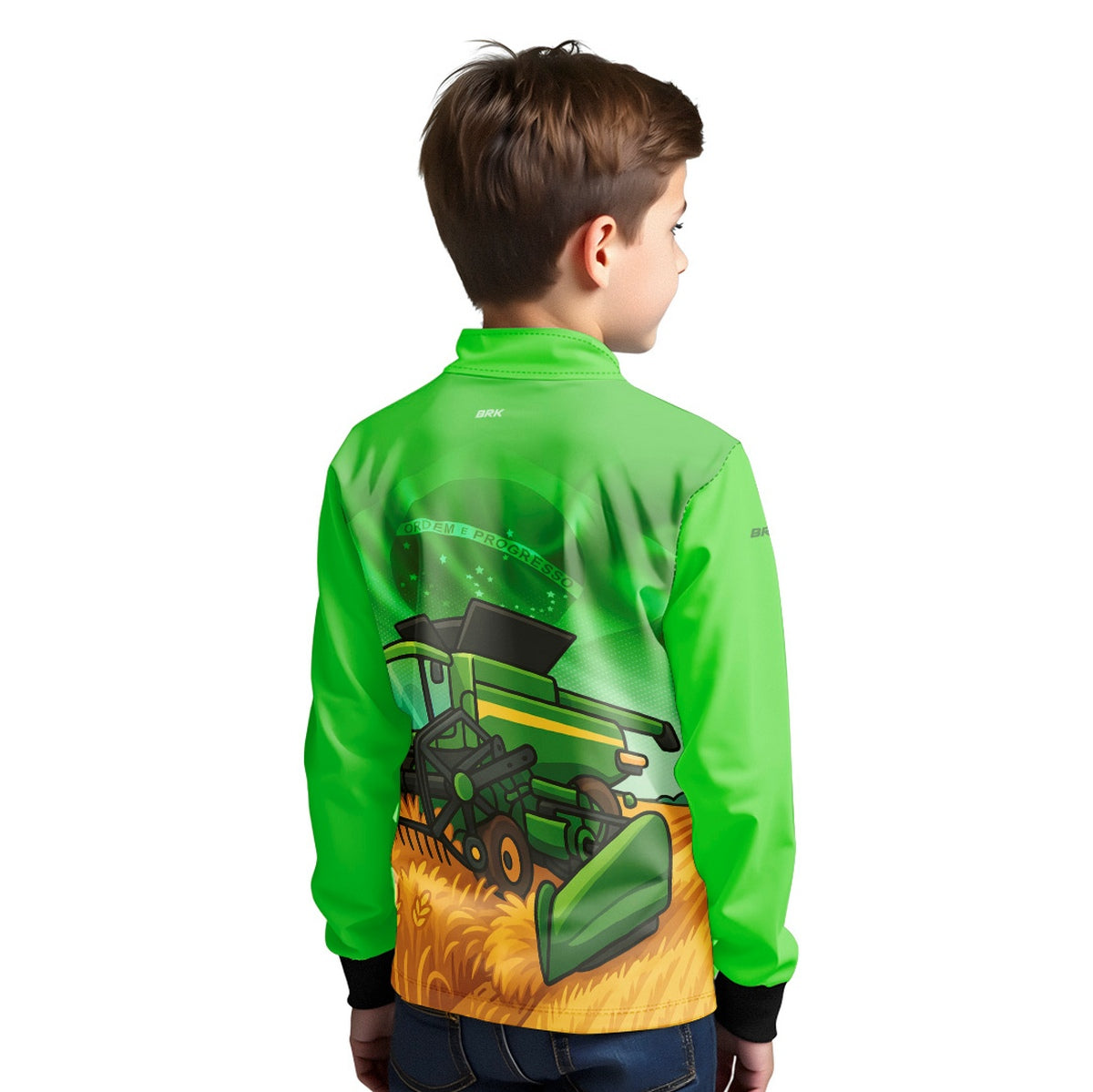 Camisa Agro Kids Brk Verde Colheitadeira com Proteção UV50 + Brinde