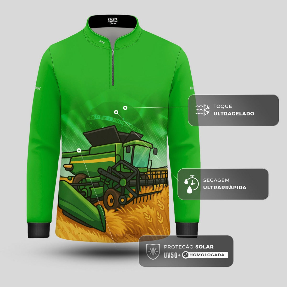 Camisa Agro Kids Brk Verde Colheitadeira com Proteção UV50 + Brinde