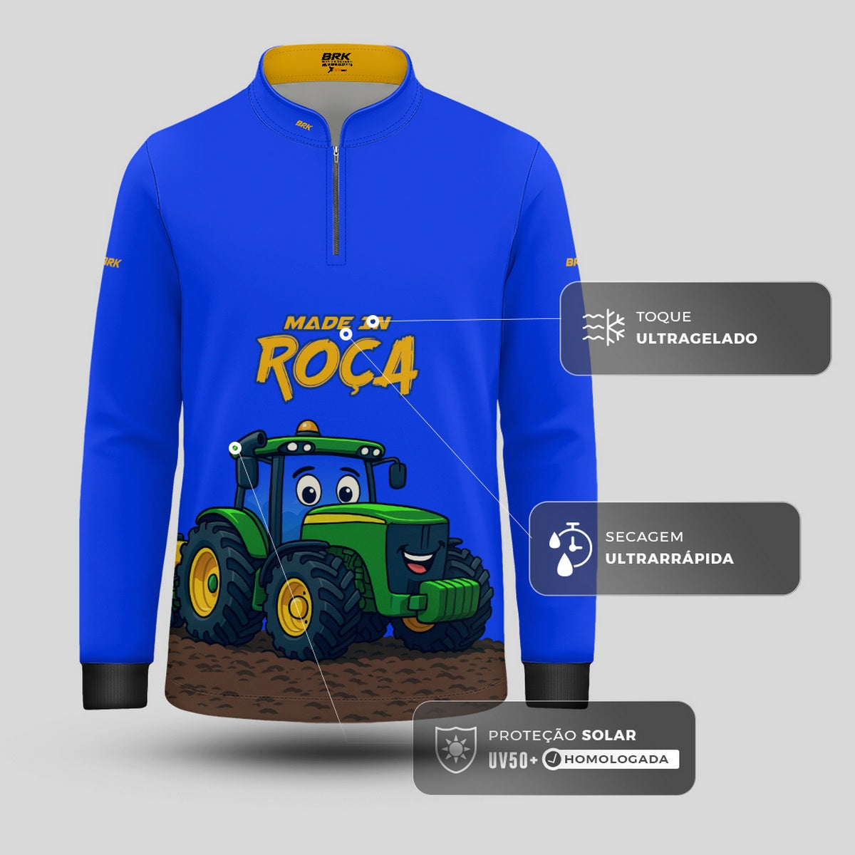 Camisa Agro Kids Brk Azul Made in Roça com Proteção UV50 + Brinde