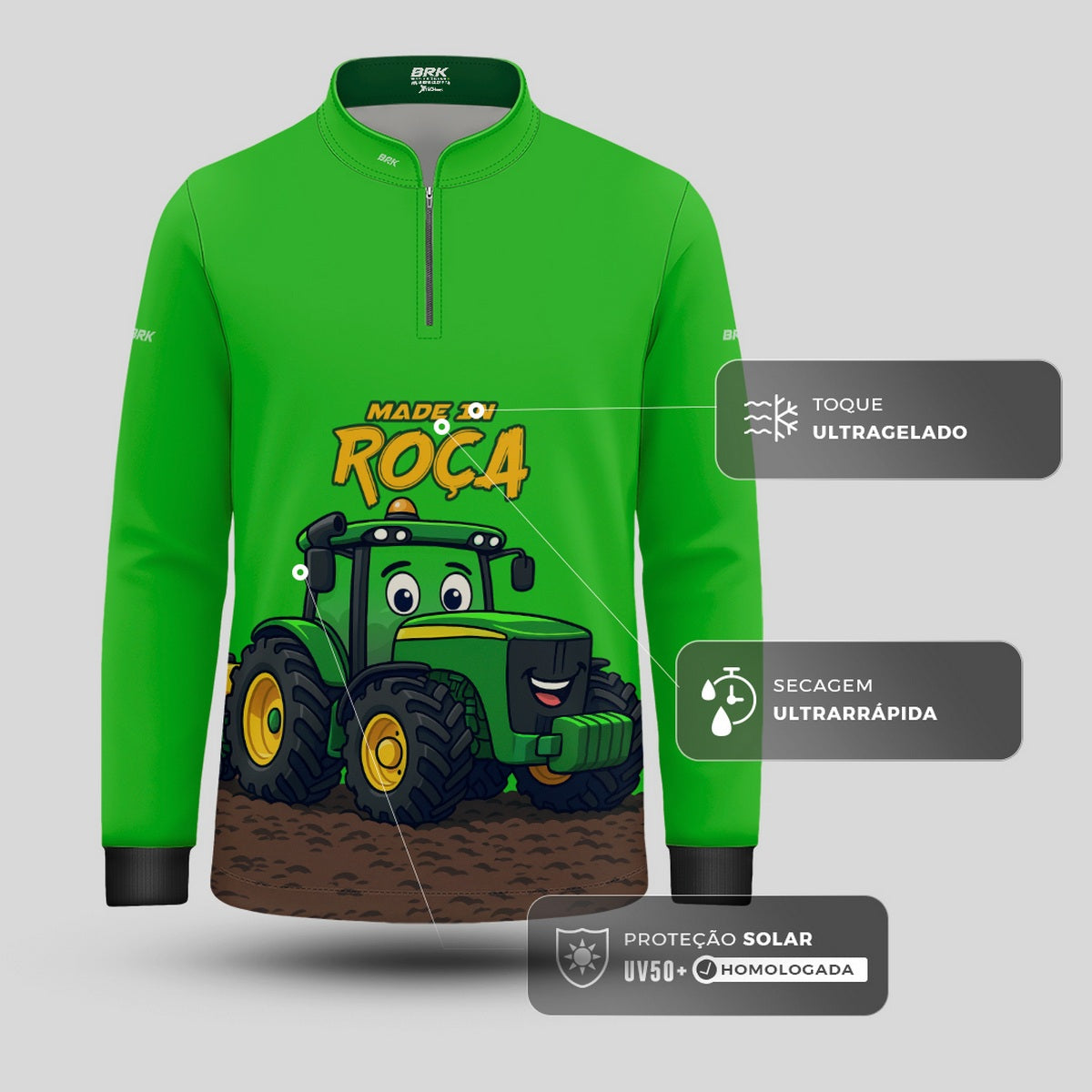 Camisa Agro Kids Brk Verde Made in Roça com Proteção UV50 + Brinde
