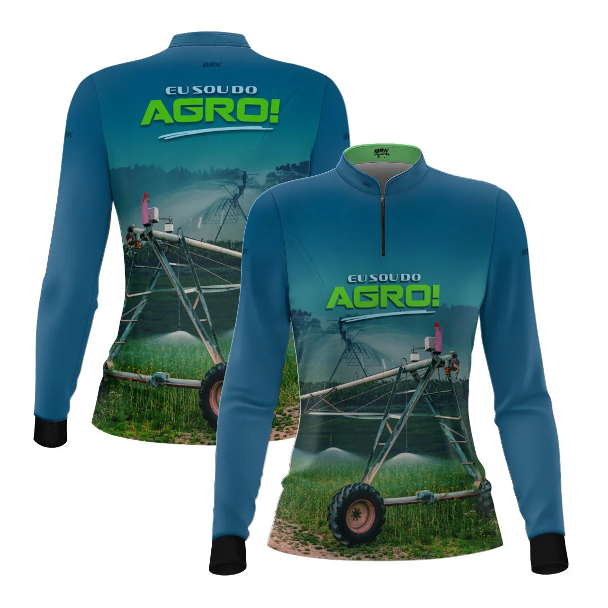 Camisa UV50 Agro Feminina Brk Eu Sou do Agro Irrigação no Campo Pivô Azul