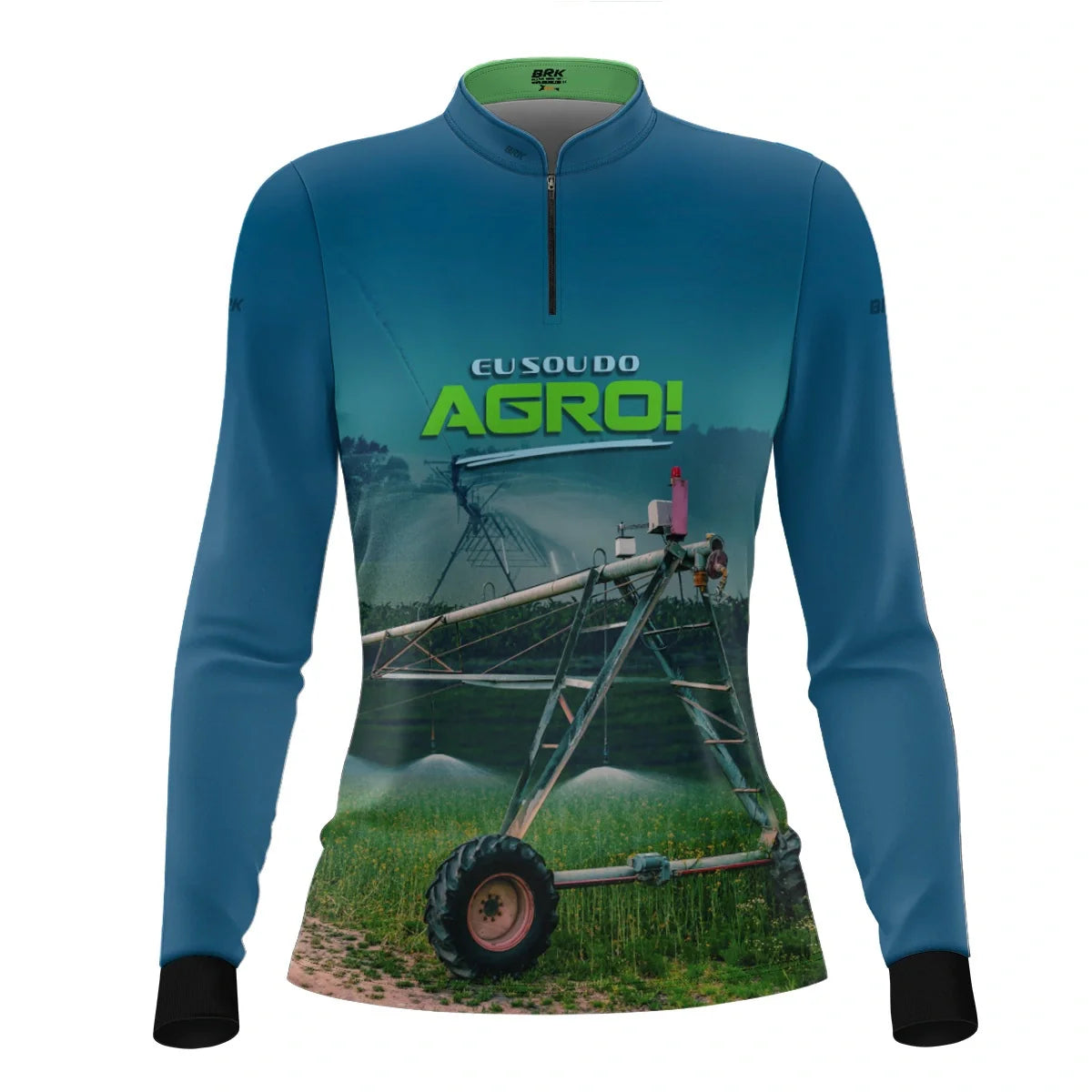 Camisa UV50 Agro Feminina Brk Eu Sou do Agro Irrigação no Campo Pivô Azul