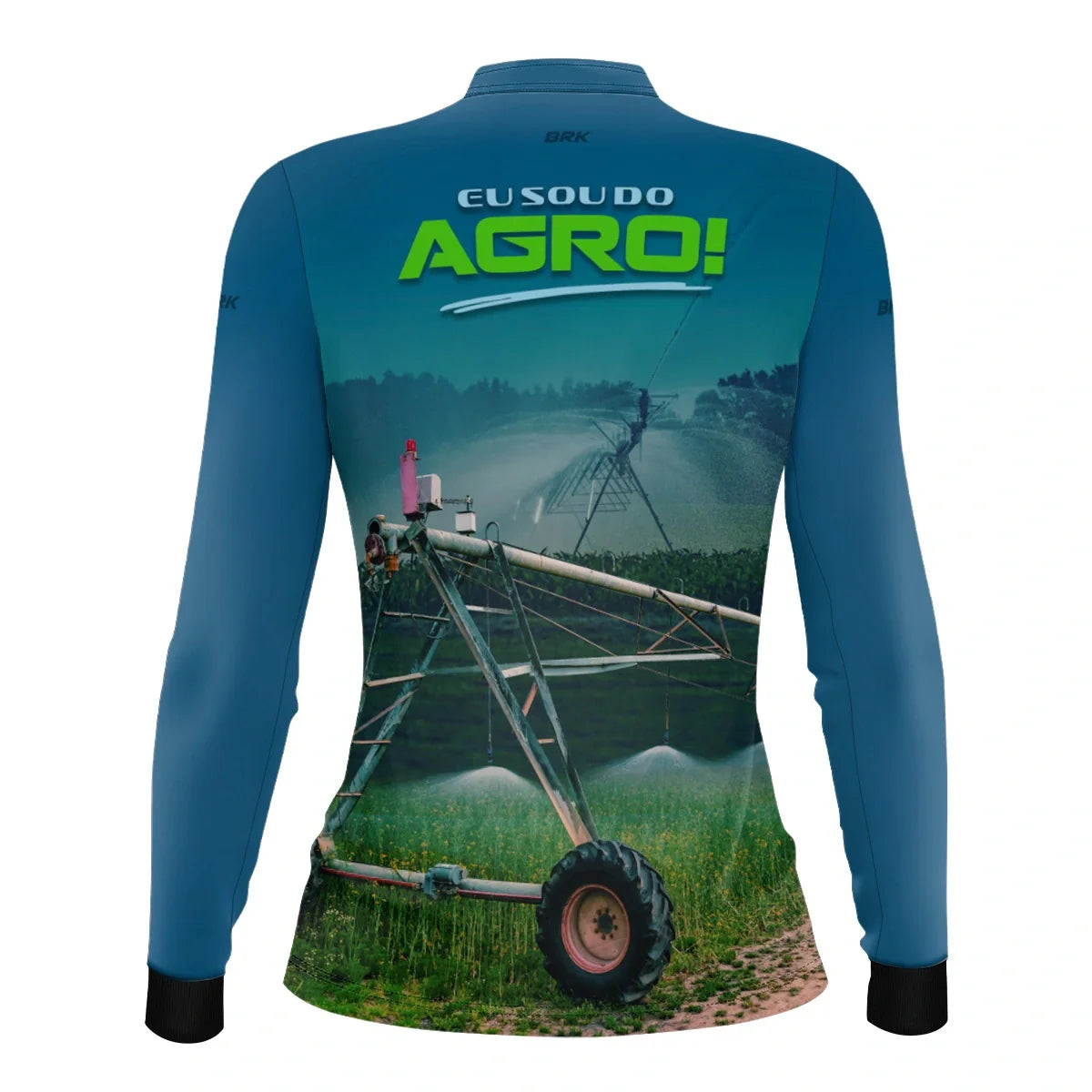 Camisa UV50 Agro Feminina Brk Eu Sou do Agro Irrigação no Campo Pivô Azul