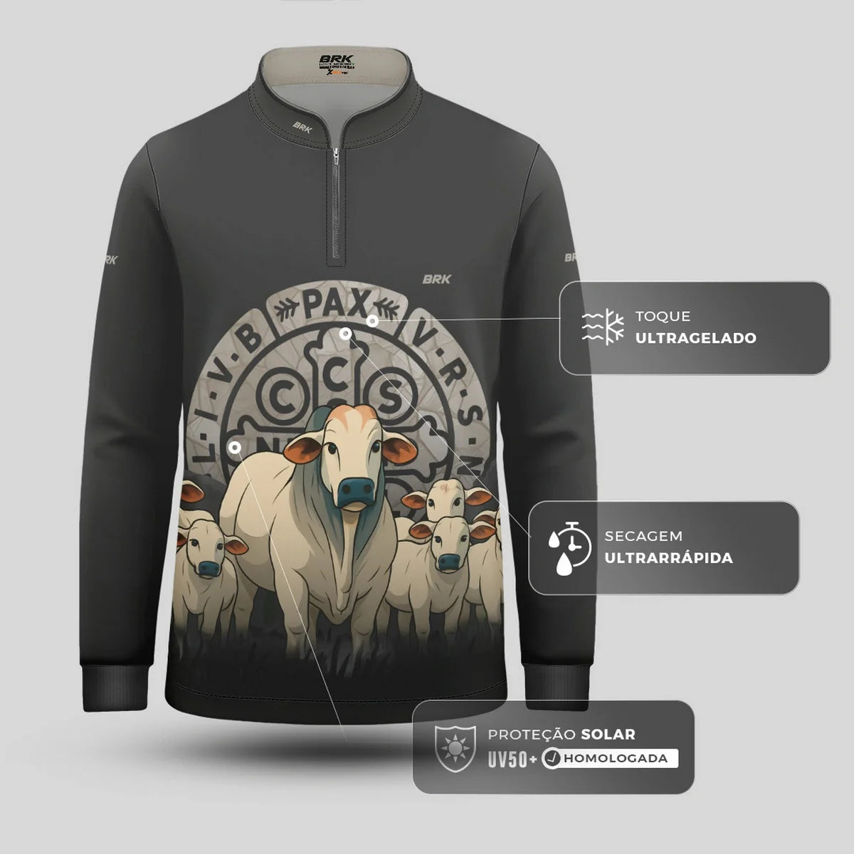 Camisa UV50 Agro Infantil Brk Medalha Sao Bento Cinza e Vaquinhas