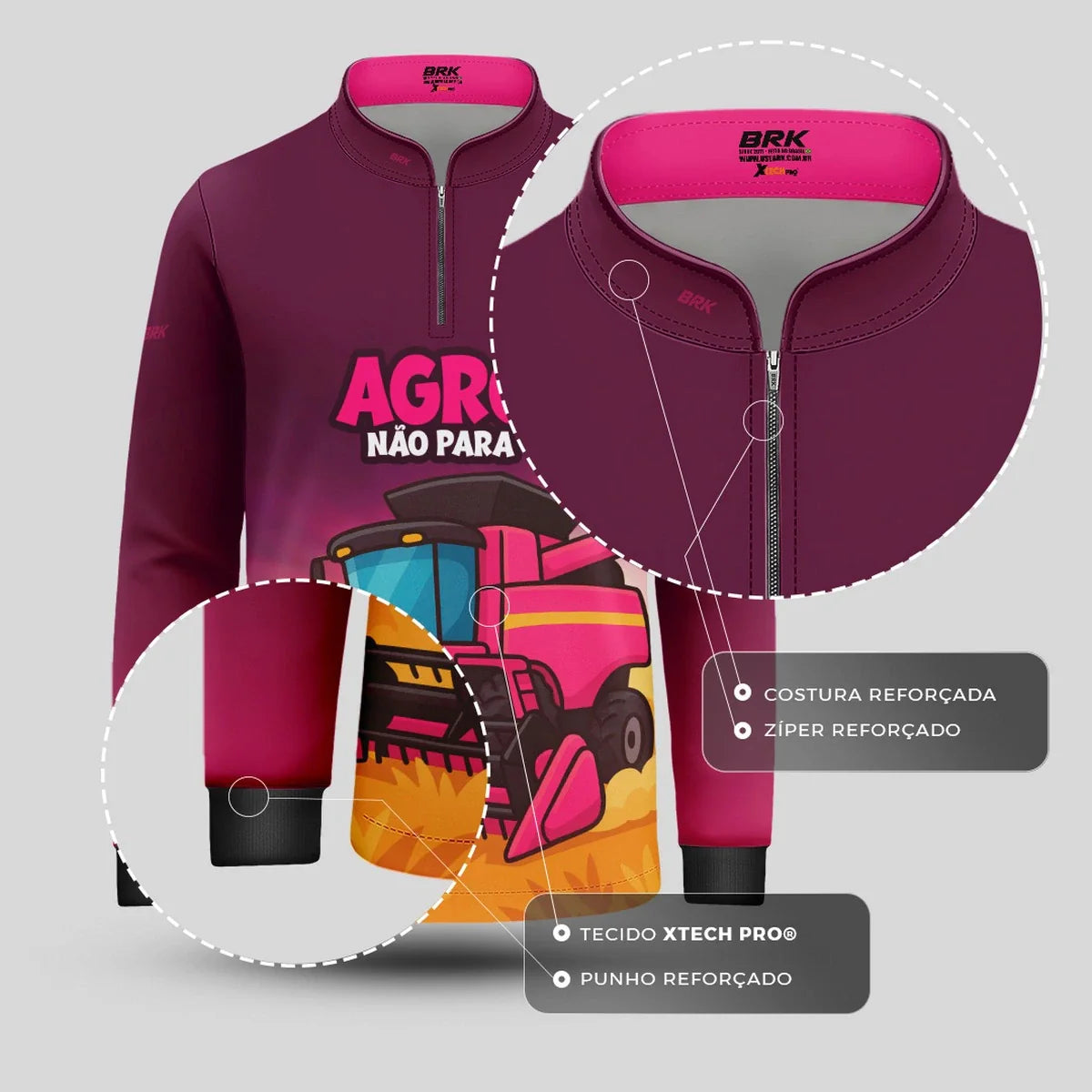 Camisa UV50 Agro Infantil Brk Colheitadeira Rosa Agro Não Para