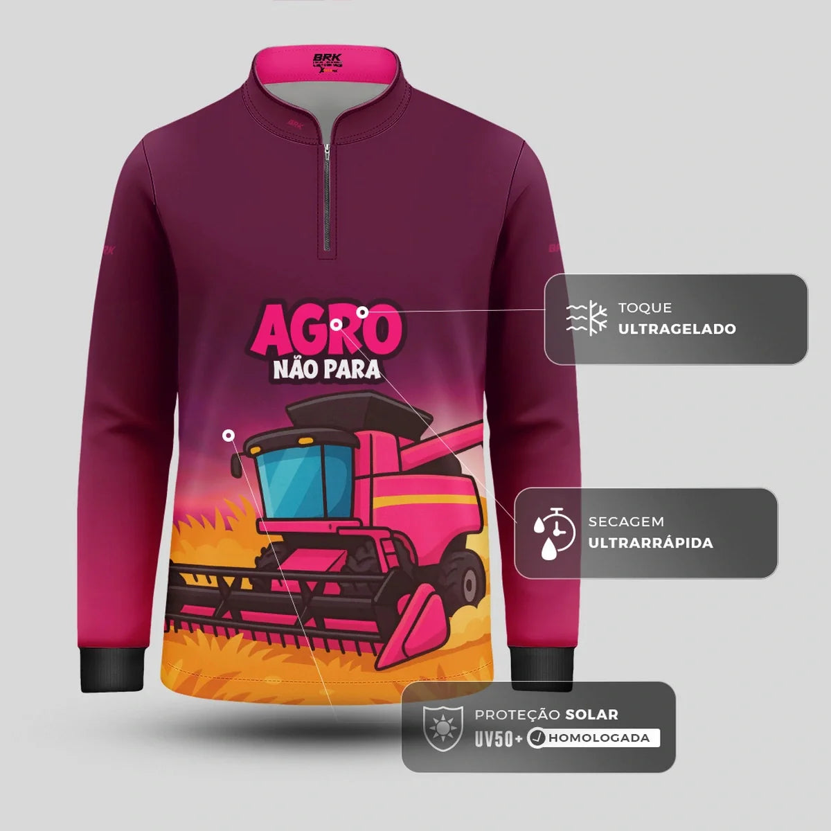 Camisa UV50 Agro Infantil Brk Colheitadeira Rosa Agro Não Para