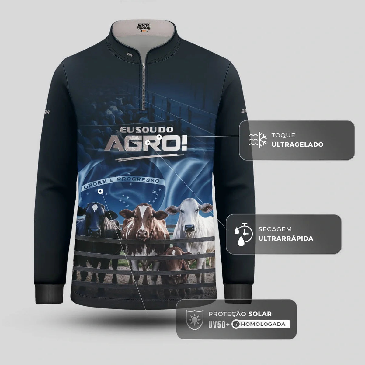 Camisa UV50 Agro Infantil Brk Eu Sou do Agro Azul Pecuária Brasil