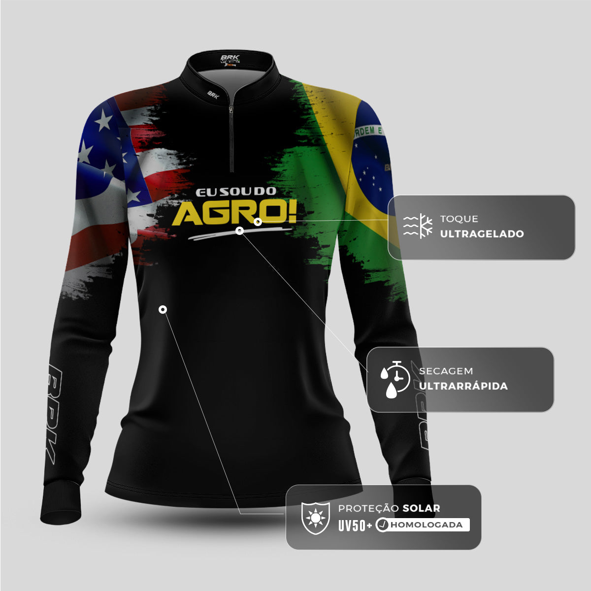 Camisa Agro Feminina Brk Eu Sou Do Agro Bandeiras com Proteção Solar UV50+