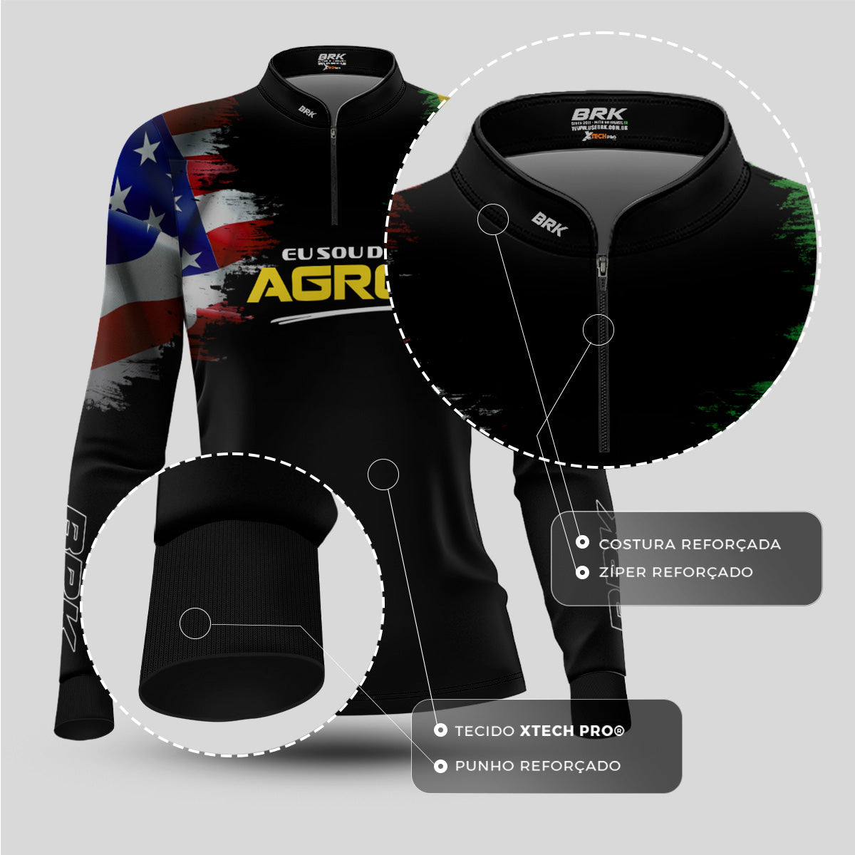 Camisa Agro Feminina Brk Eu Sou Do Agro Bandeiras com Proteção Solar UV50+