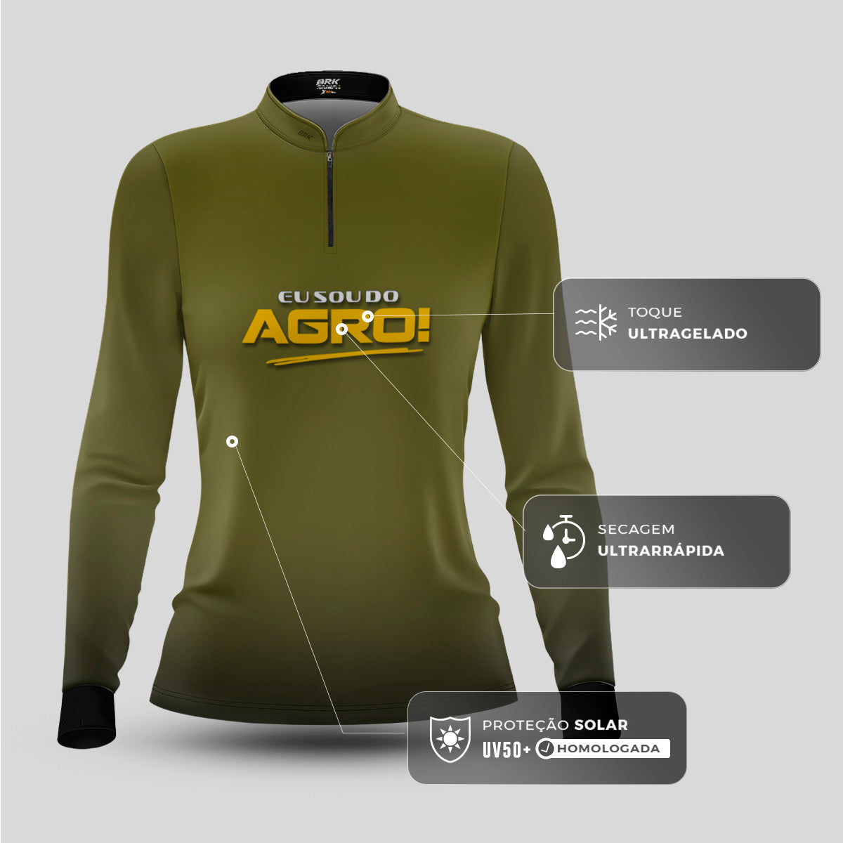 Camisa Agro Feminina Brk Eu Sou Do Agro Clean Verde Musgo com Proteção Solar UV50+