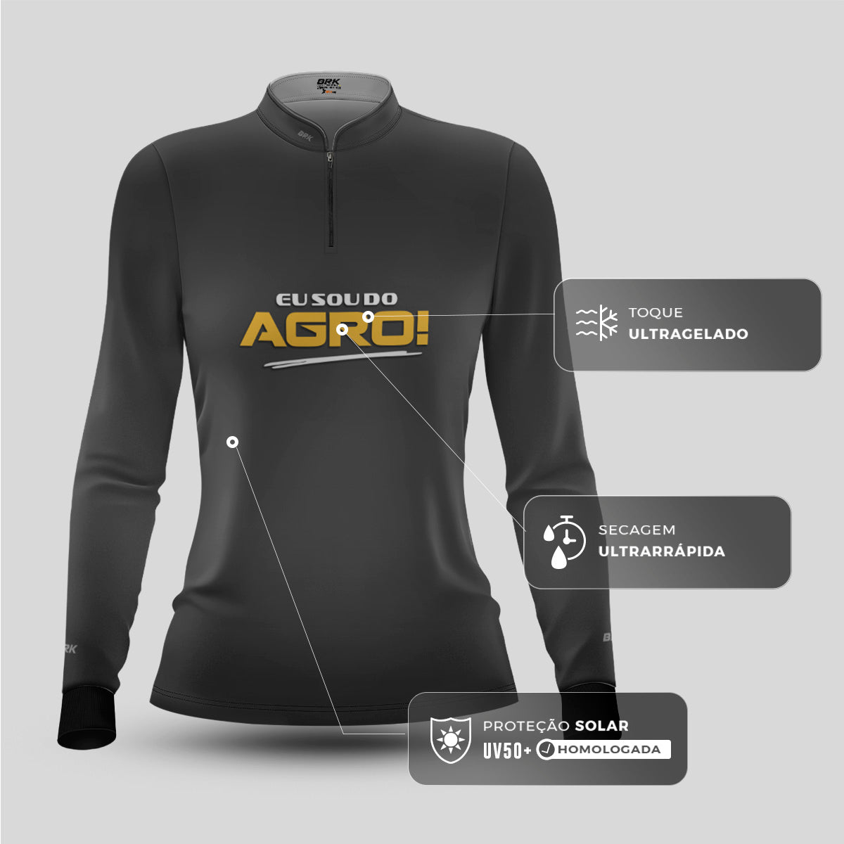 Camisa Agro Feminina Brk Eu Sou Do Agro Clean Cinza com Proteção Solar UV50+