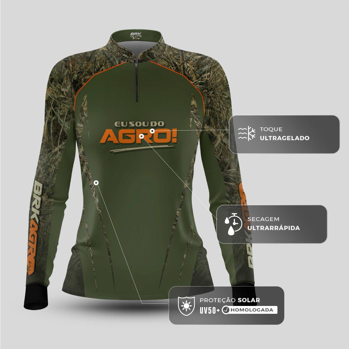 Camisa Agro Feminina Brk Eu Sou Do Agro Real Tree com Proteção Solar UV50+