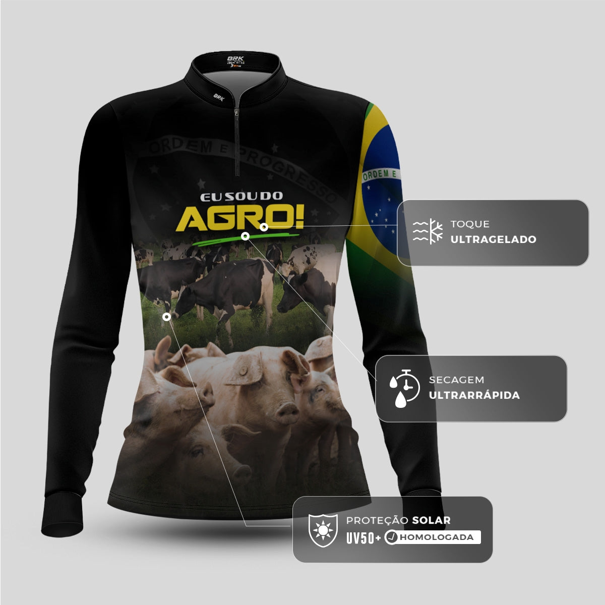 Camisa Agro Feminina Brk Eu Sou do Agro Preta Pecuária com Proteção UV50