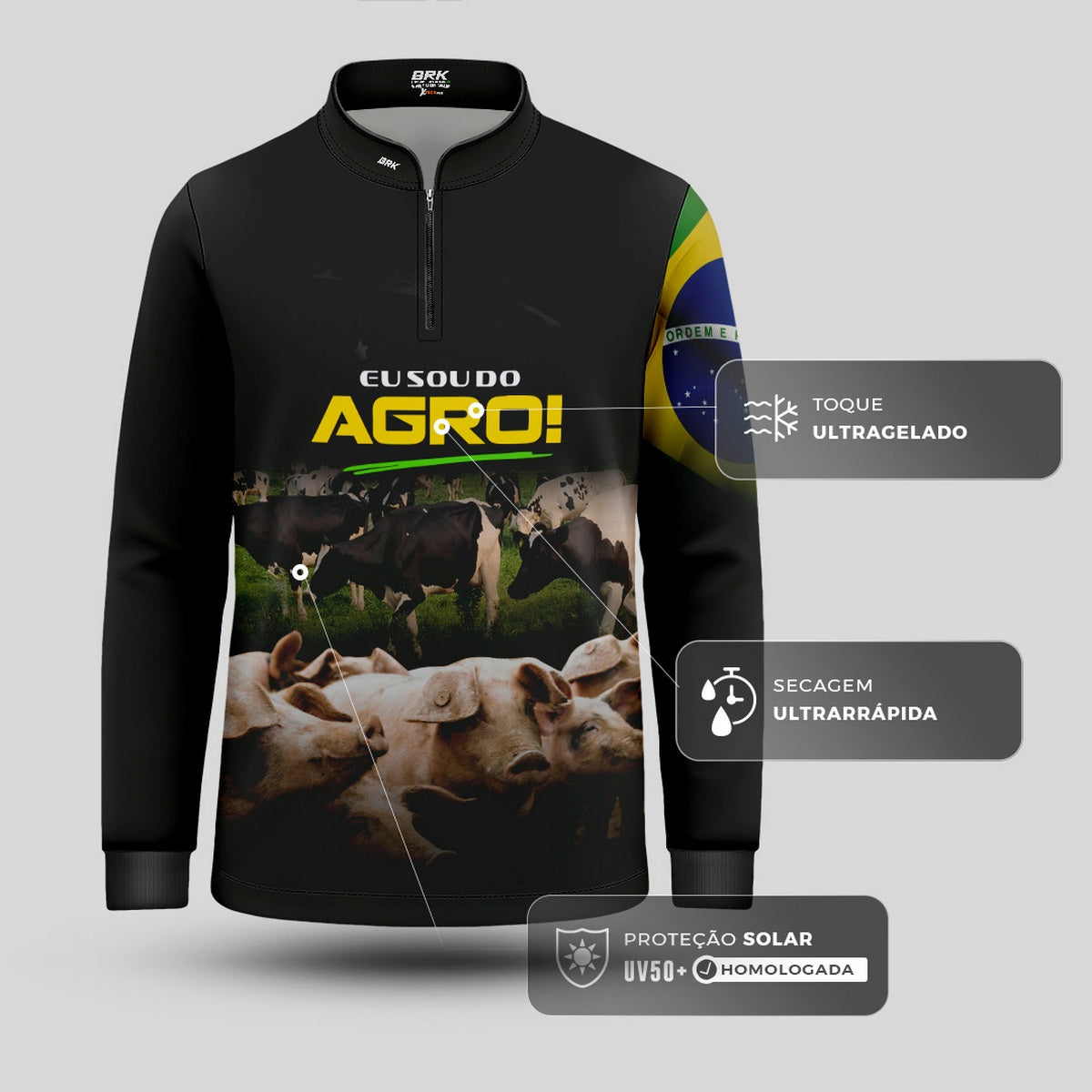 Camisa Agro Infantil Brk Eu Sou do Agro Preta Pecuária com Proteção UV50