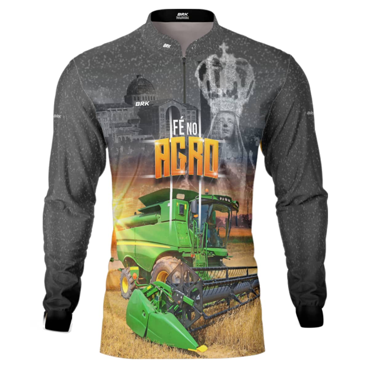 Camisa Agro Brk Colheitadeira Padroeira Fé no Agro com Proteção Solar UV50+